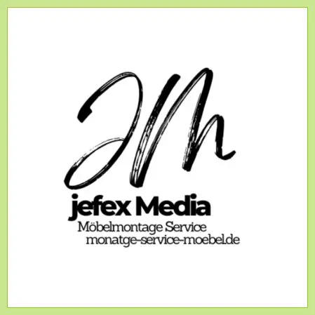 Schwarze Schfrift dreizeilig.Erste Zeile jefex Media,Zweite Zeile Möbelmontage Service, Dritte Zeile  montage-service-moebel.de