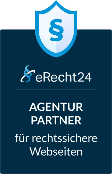 Logo erecht24 dunkelblau mit weißem Text Agenturen Partner für rechtsichere Webseiten