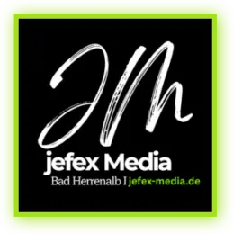 Firmenlogo mit weißer Schriftzug jefex Media